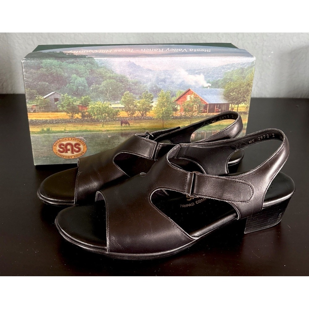 SAS Suntimer Sandals Womens Size 10 M Black Leather Tripad Comfort Strap